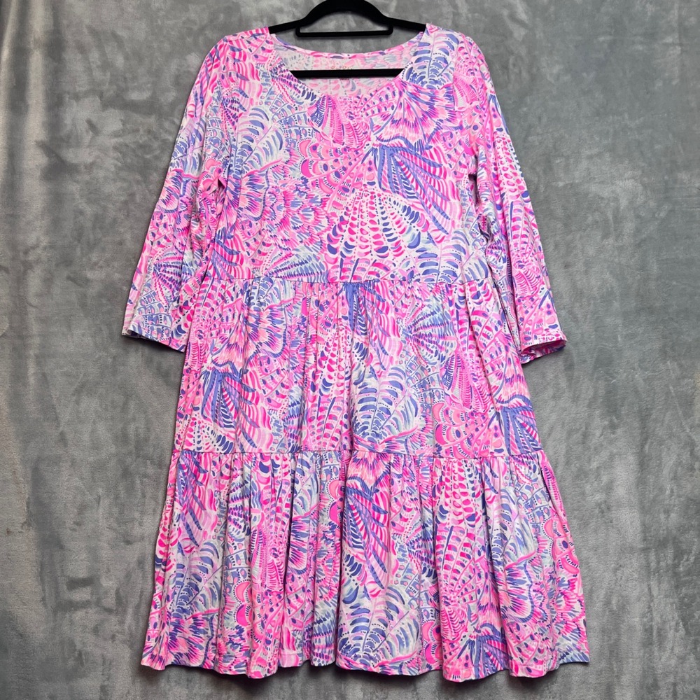 Lilly Pulitzer Pink Purple Shell Print Tiered Cotton Midi Dress Large 3/4 Sleeve - Picture 8 of 10
